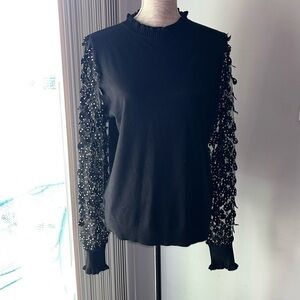 Sioni Womens NWT Black Lace Flutter Hearts Sleeve Ruffle Mock Neck Sweater XL